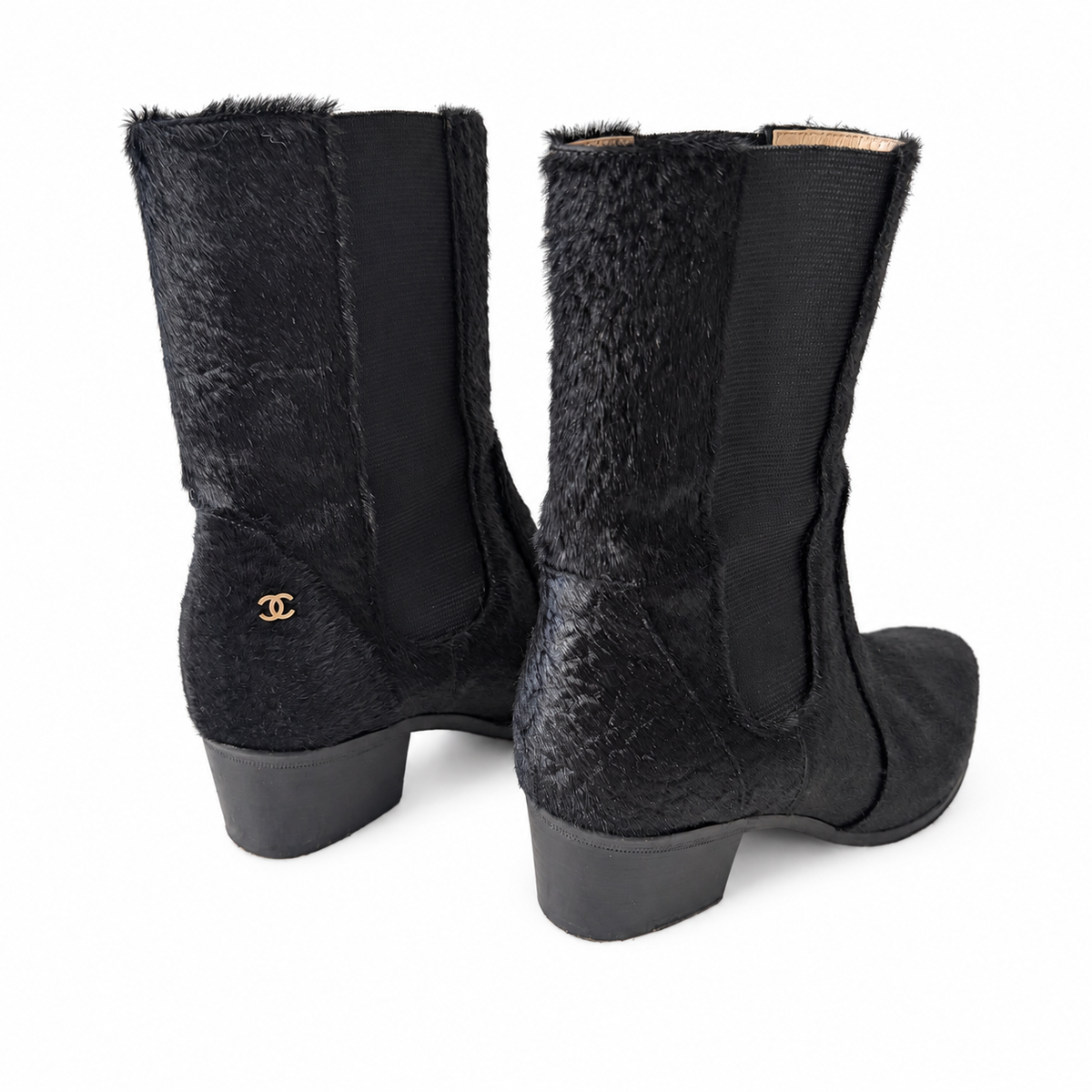 CHANEL – BLACK PONY HAIR CHELSEA ANKLE BOOTS WITH CC LOGO SIZE 37 EU