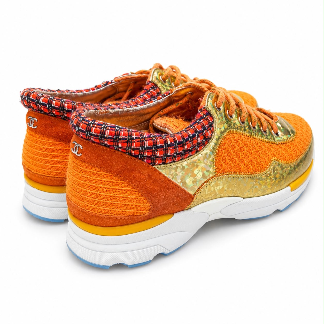 CHANEL - SNEAKERS TWEED SUEDE & METALLIC LEATHER ORANGE GOLD SIZE 39 EU