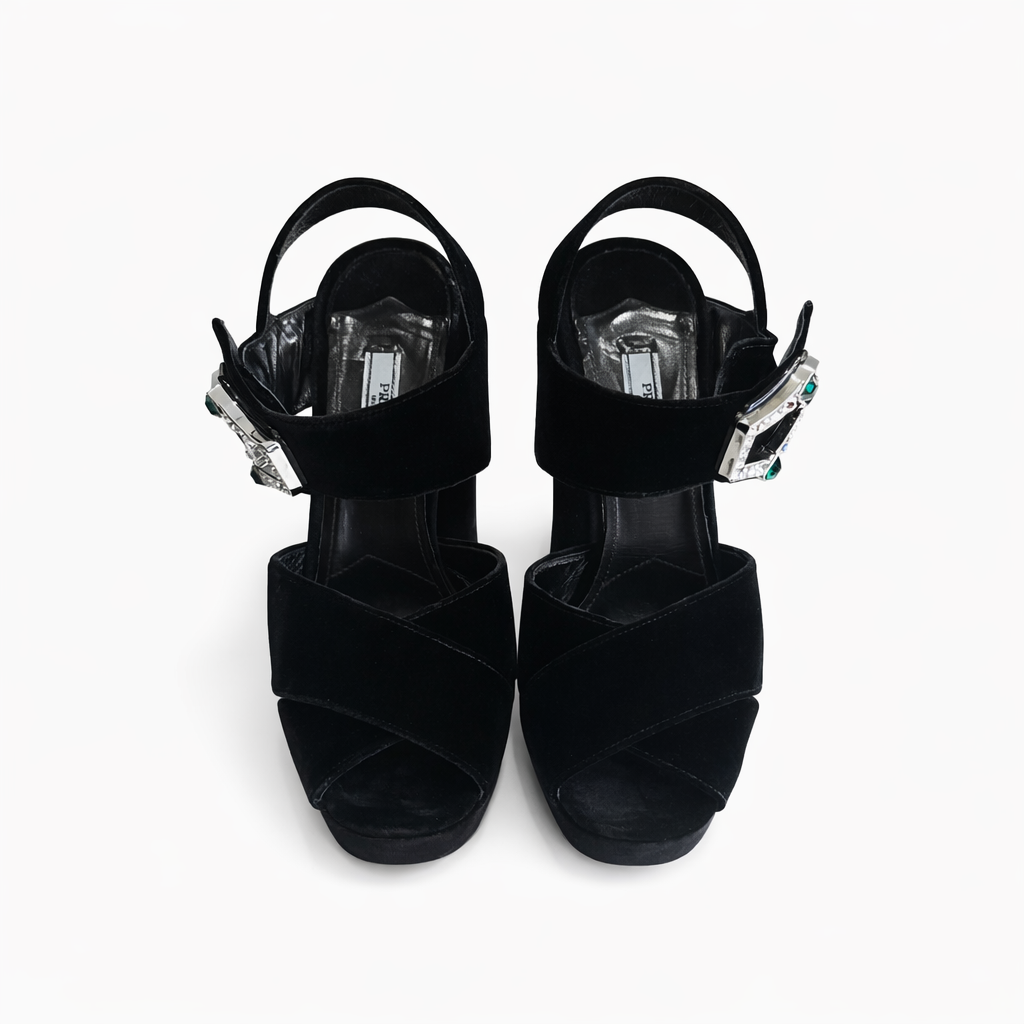 PRADA - SANDALS BLACK VELVET WITH JEWEL BUCKLE SIZE 37,5 EU