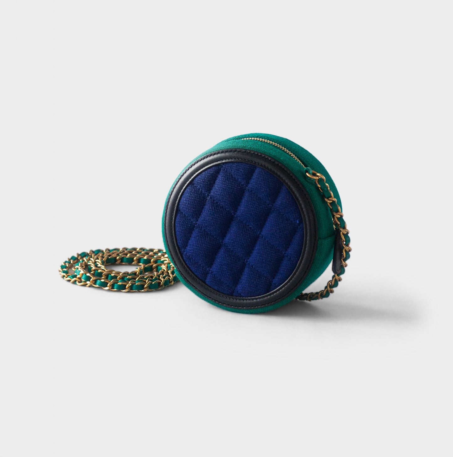CHANEL - ROUND CLUTCH WITH CHAIN QUILTED JERSEY WOTH LAMBSKIN LOGO BLUE & GREEN