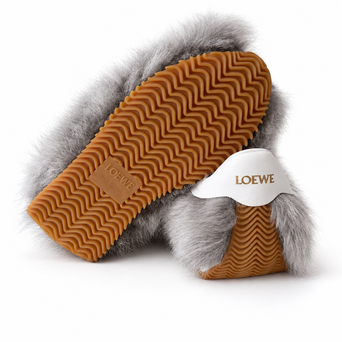 LOEWE - *NEW* SNEAKERS FLOW RUNNER GREY FAUX FUR SLIP-ON WITH WHITE LEATHER DETAILS SIZE 37 EU