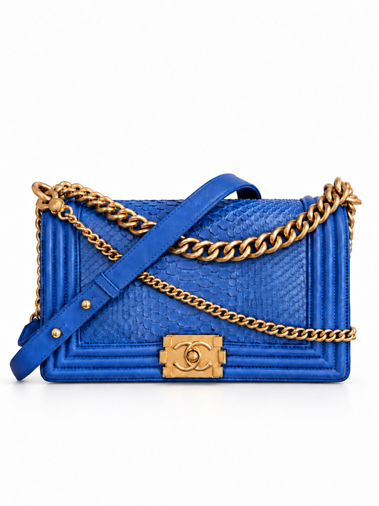 CHANEL - *RARE* BOY BAG BLUE ROYAL PYTHON WITH ANTIQUE GOLD HARDWARE