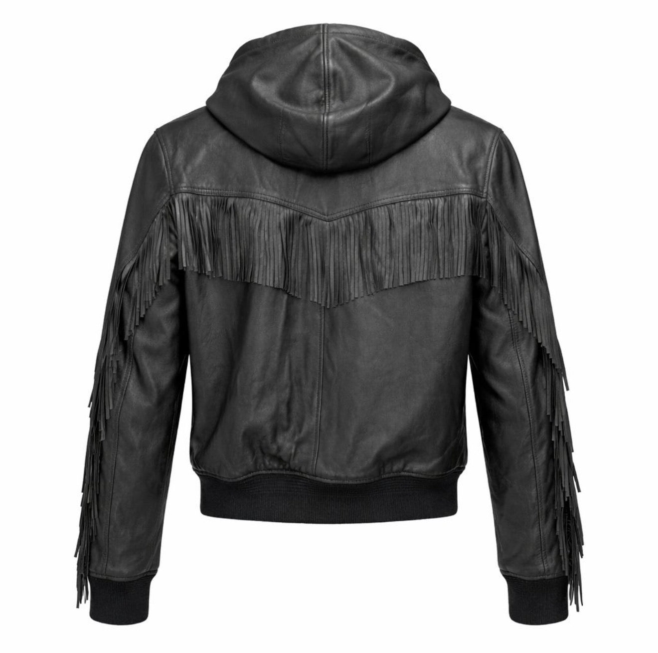 SAINT LAURENT - JACKET BLACK LAMBSKIN WITH HOOD AND FRINGE SIZE 42 FR