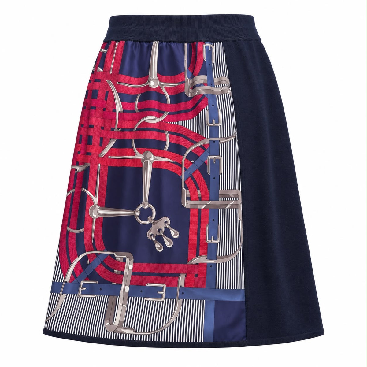 HERMÈS - SKIRT MIDI TWILLAINE NAVY BLUE SILK & WOOL MULTICOLOR EQUESTRIAN PRINT SIZE 44 FR