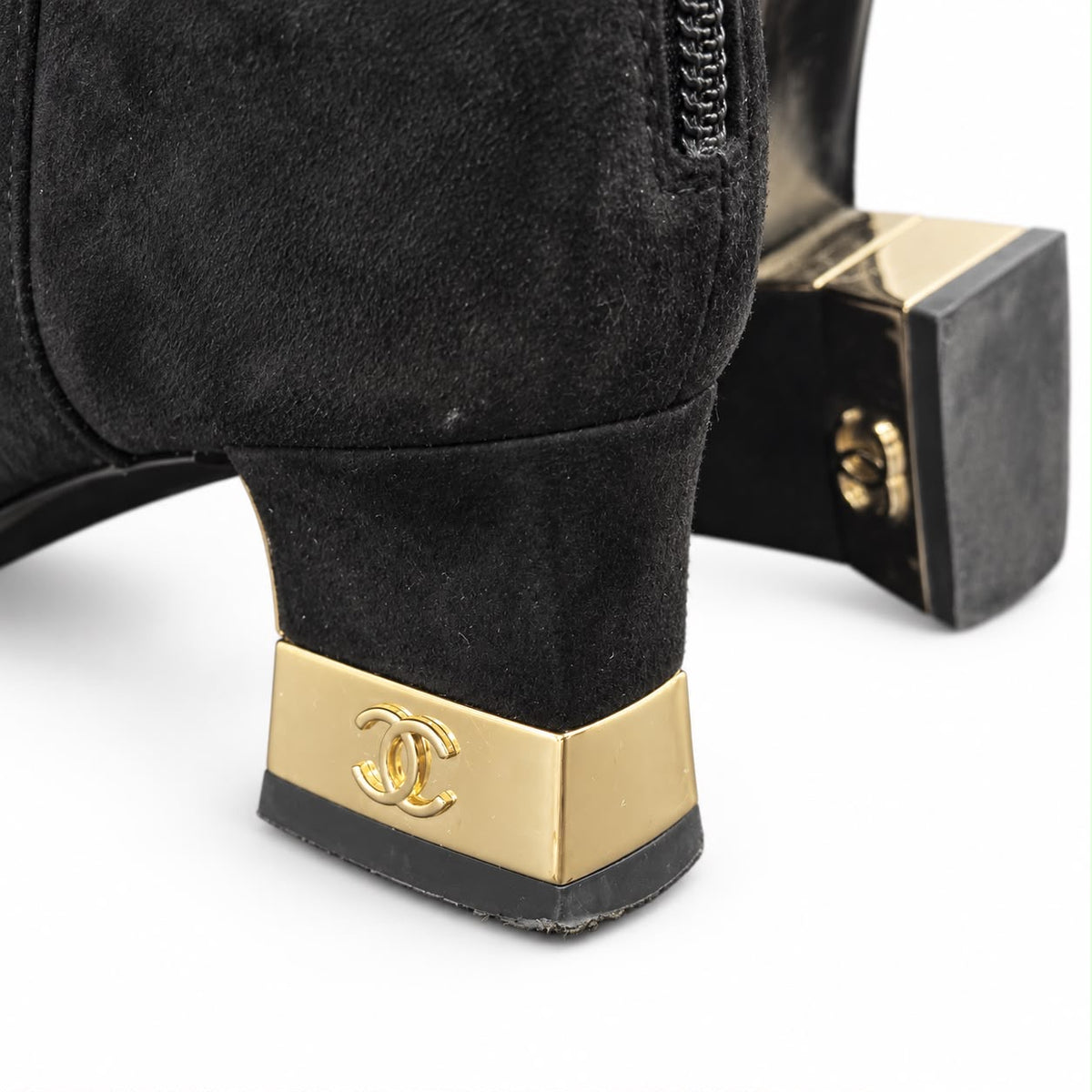 CHANEL - HIGH BOOTS BLACK SUEDE WITH CAP TOE & METALLIC HEEL SIZE 37 C