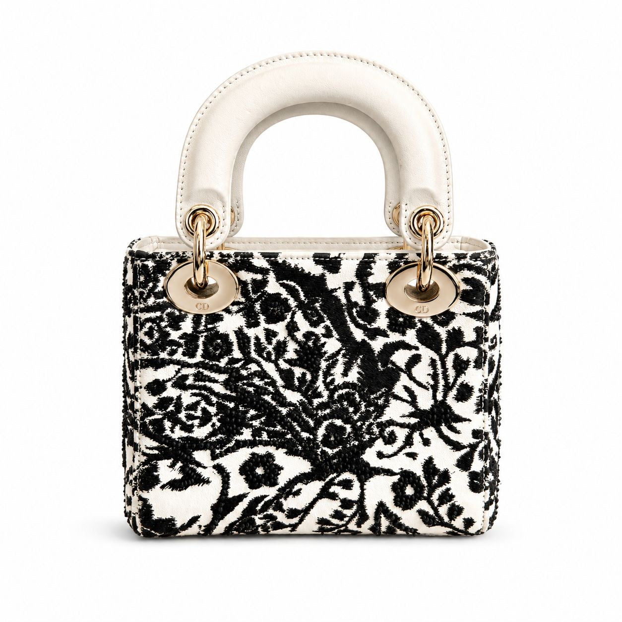 DIOR - *NEW LIMITED EDITION* BAG MINI LADY DIOR ECRU LEATHER WITH BLACK EMBROIDERY