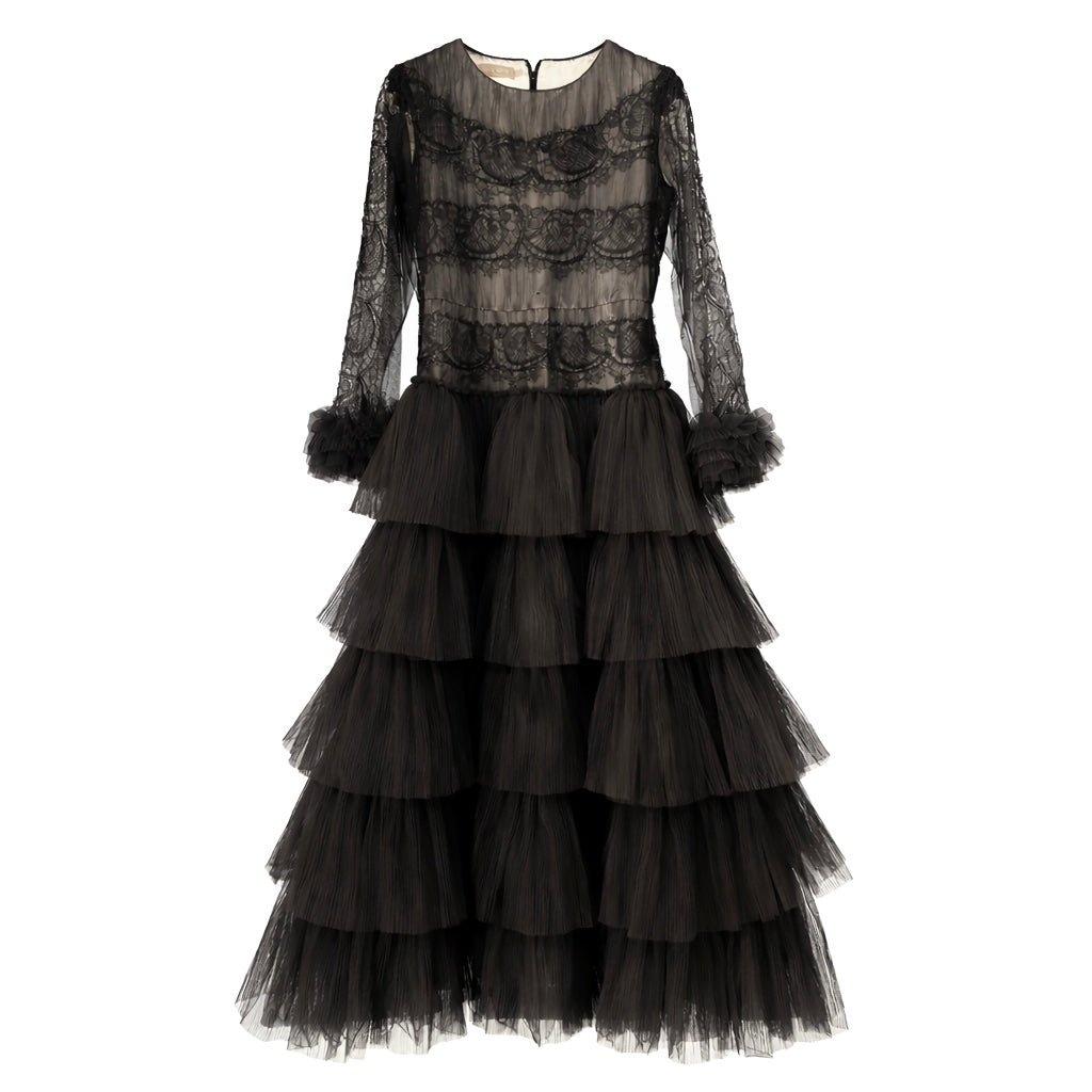 ELIE SAAB - GALA DRESS LONG-SLEEVE BLACK RUFFLES SIZE XS/14Y