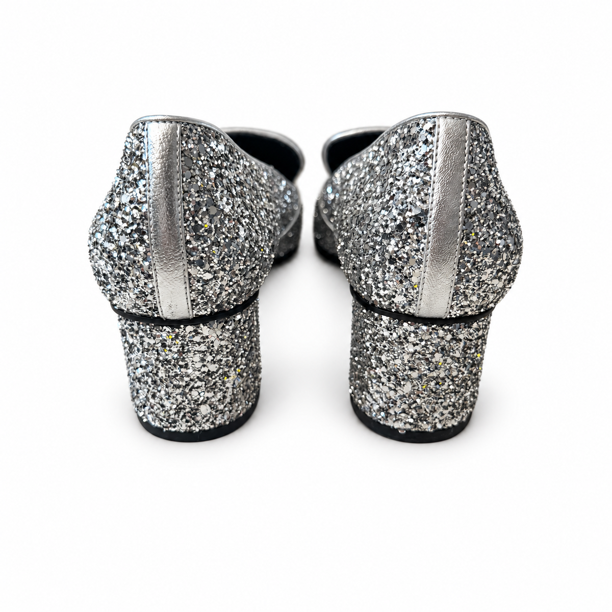 GUCCI – SILVER GLITTER HORSEBIT BLOCK HEEL LOAFERS SIZE 37 EU