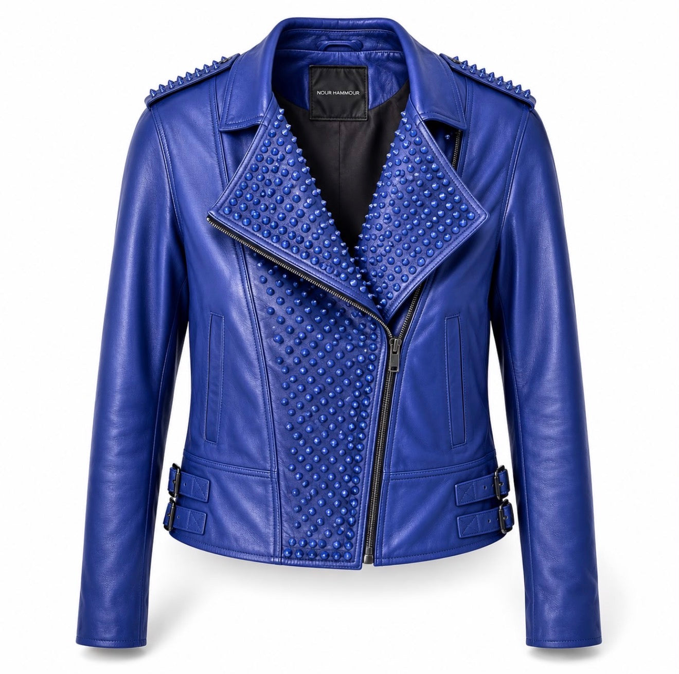 NOUR HAMMOUR - JACKET BIKER STUDDED ELECTRIC BLUE LEATHER SIZE 40 FR