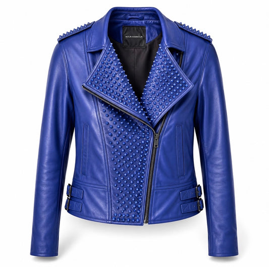NOUR HAMMOUR - JACKET BIKER STUDDED ELECTRIC BLUE LEATHER SIZE 40 FR