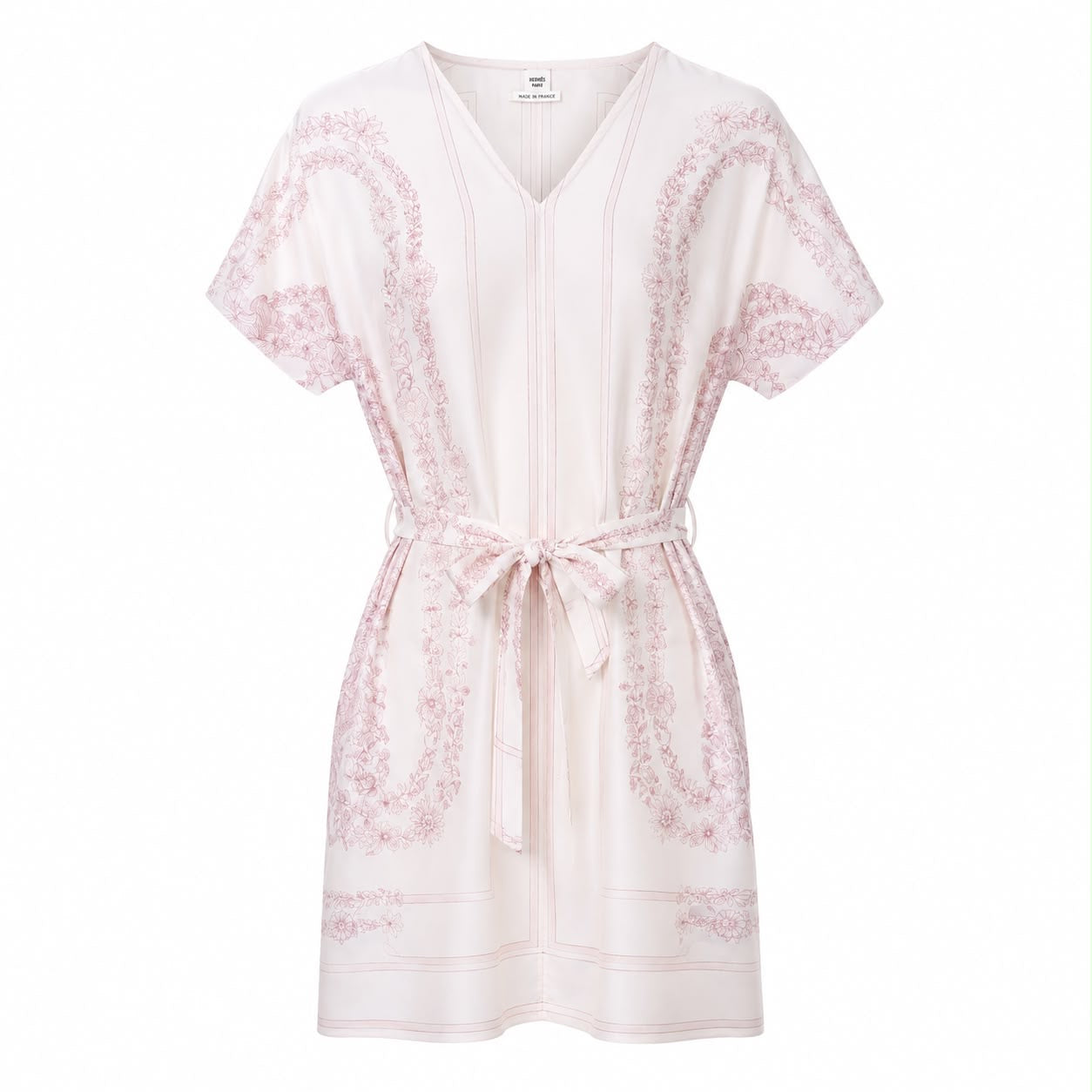 HERMÈS - DRESS MINI WHITE SILK WITH VIOLET PRINT AND BELT SIZE 34 FR