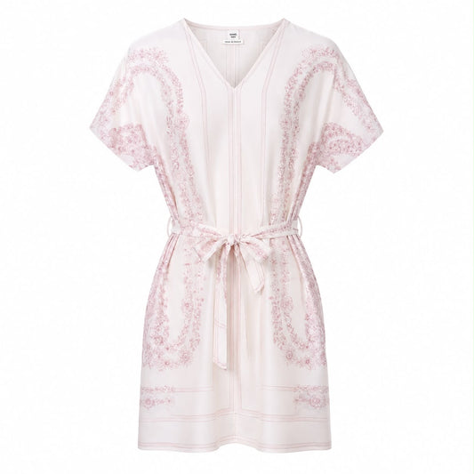 HERMÈS - DRESS MINI WHITE SILK WITH VIOLET PRINT AND BELT SIZE 34 FR