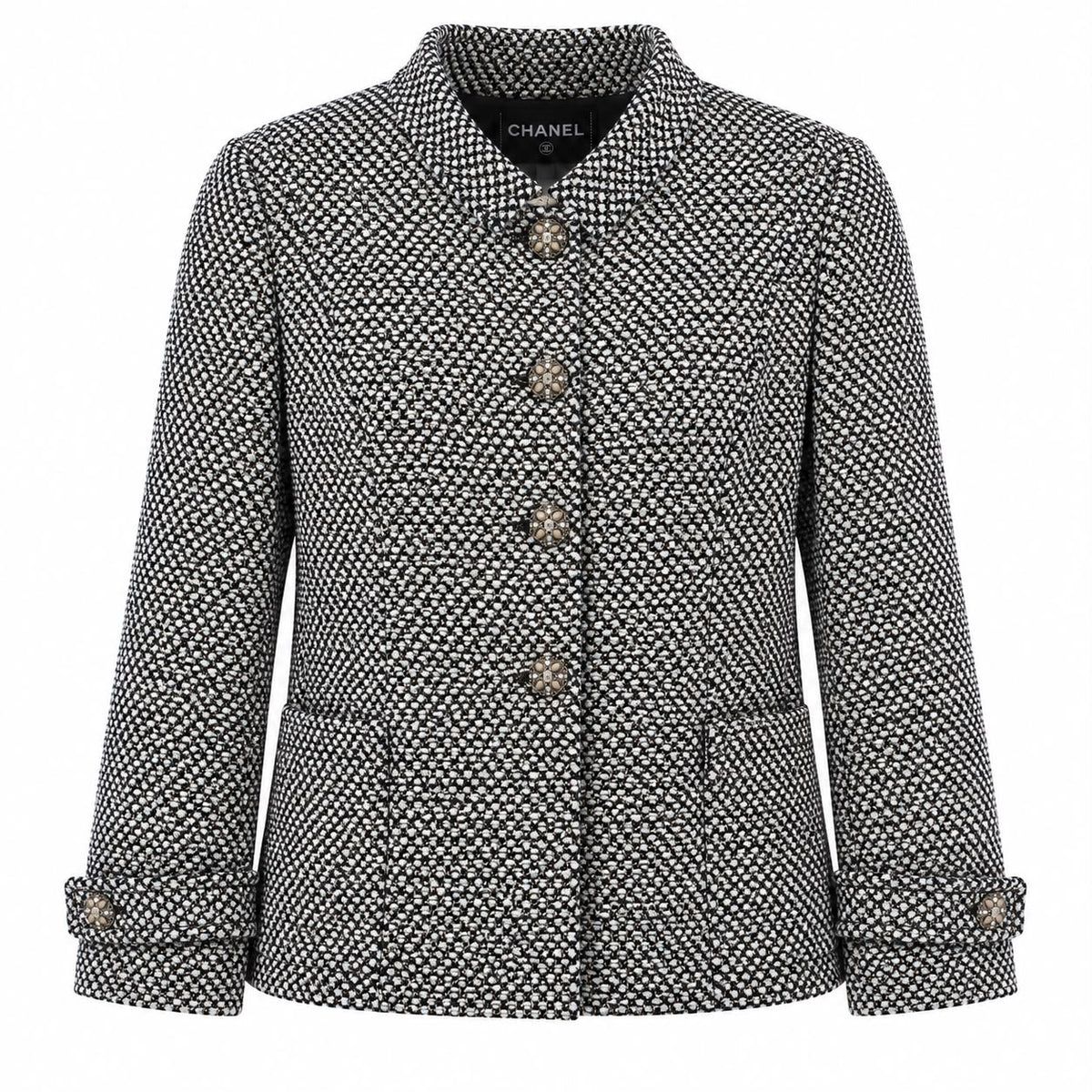 CHANEL - JACKET TWEED BLACK & WHITE TEXTURED WITH JEWEL BUTTONS SIZE 50 FR