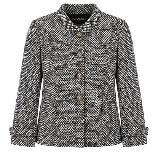CHANEL - JACKET TWEED BLACK & WHITE TEXTURED WITH JEWEL BUTTONS SIZE 50 FR