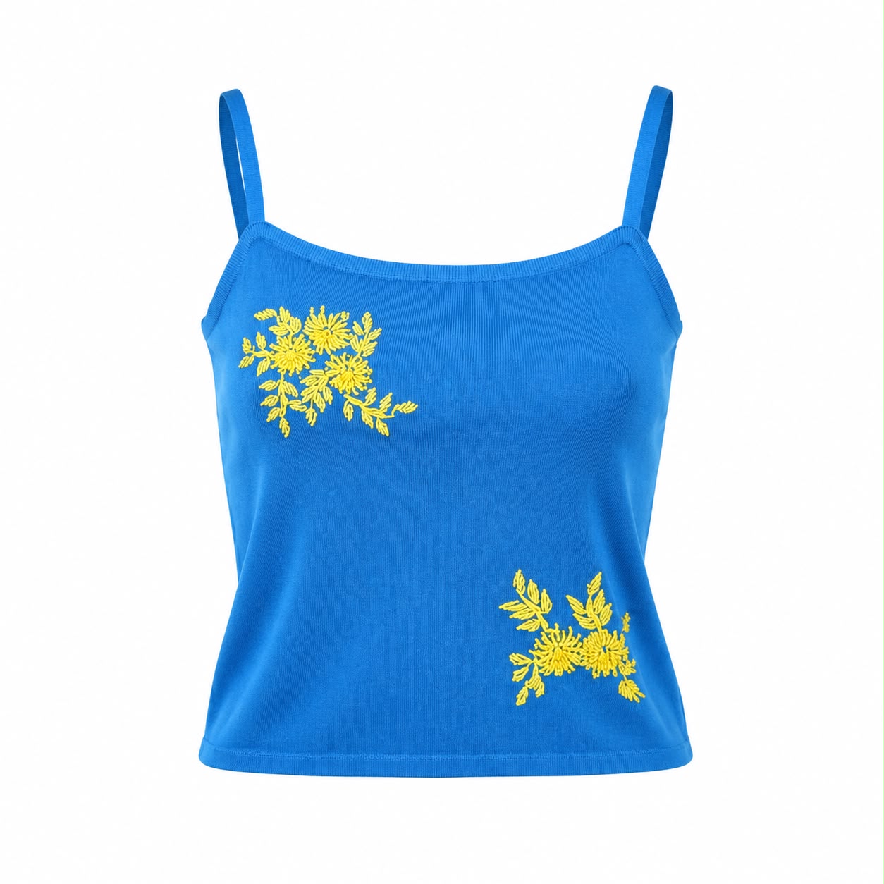 PRADA - TOP BLUE STRETCHING WITH YELLOW BEADED FLORAL EMBROIDERY SIZE 38 IT