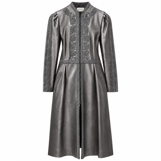 VALENTINO - *RUNWAY* LONG COAT BLACK MOHTON LEATHER SIZE 42 IT / 38 FR