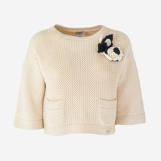 CHANEL - KNITWEAR CACHEMIRE ÉCRU SIZE 34 FR WITH REMOVABLE FLOWER PINS